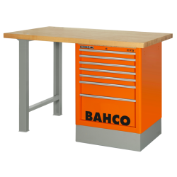 Robuste Werkbank. mit 40 mm Holz-Arbeitsplatte. 1500 mm. inkl. Werkzeugschrank mit 7 Schubladen. Orange