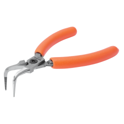 Präzisions-Nadelzange. 90° gebogene Spitze. geriffelte Backen. PVC-Griffe. 125 mm