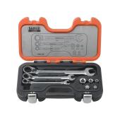 Knarren-Ring-Maulschlüssel-Satz, Maul 15° abgewinkelt, 8-tlg, mit Adaptern