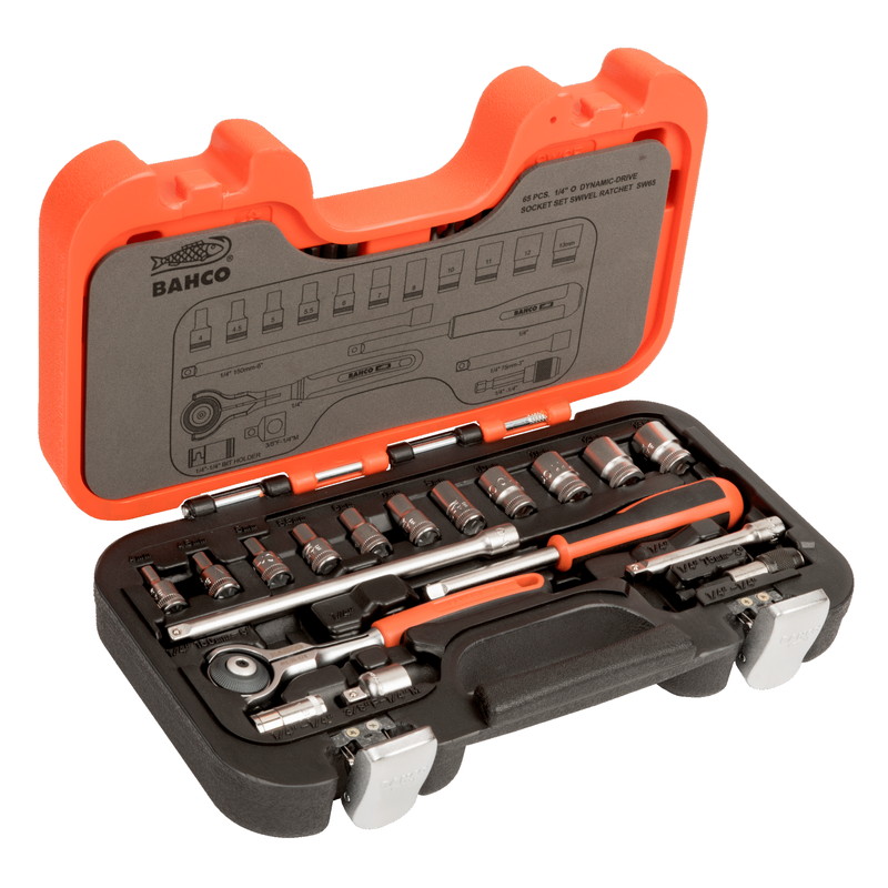 Satz 1/4"-Steckschlüsseleinsätze, metrisch, Sechskantprofil, Vierkantantrieb, inklusive Gelenkkopfknarre, 65tlg.