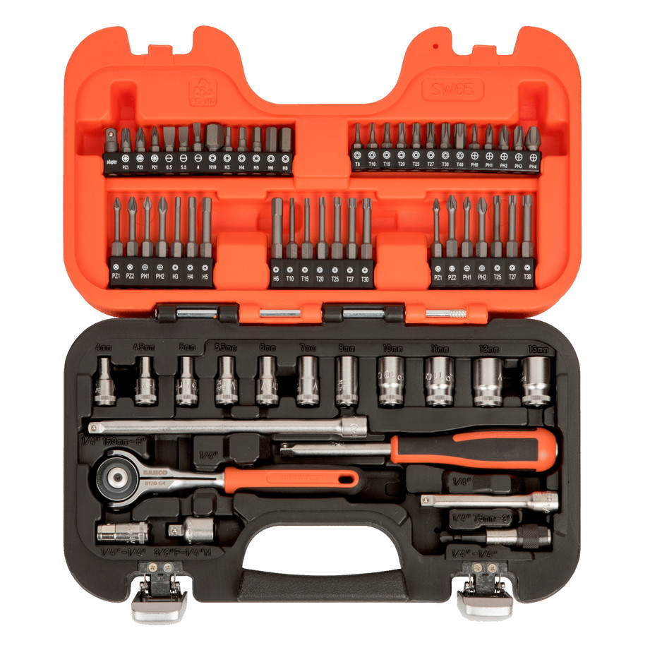 Satz 1/4"-Steckschlüsseleinsätze, metrisch, Sechskantprofil, Vierkantantrieb, inklusive Gelenkkopfknarre, 65tlg.